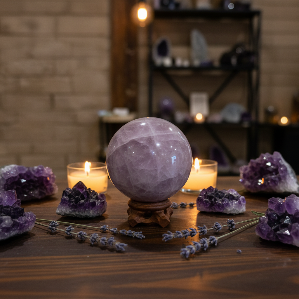 Polished 30–40mm Amethyst sphere displayed in a calm styled setting