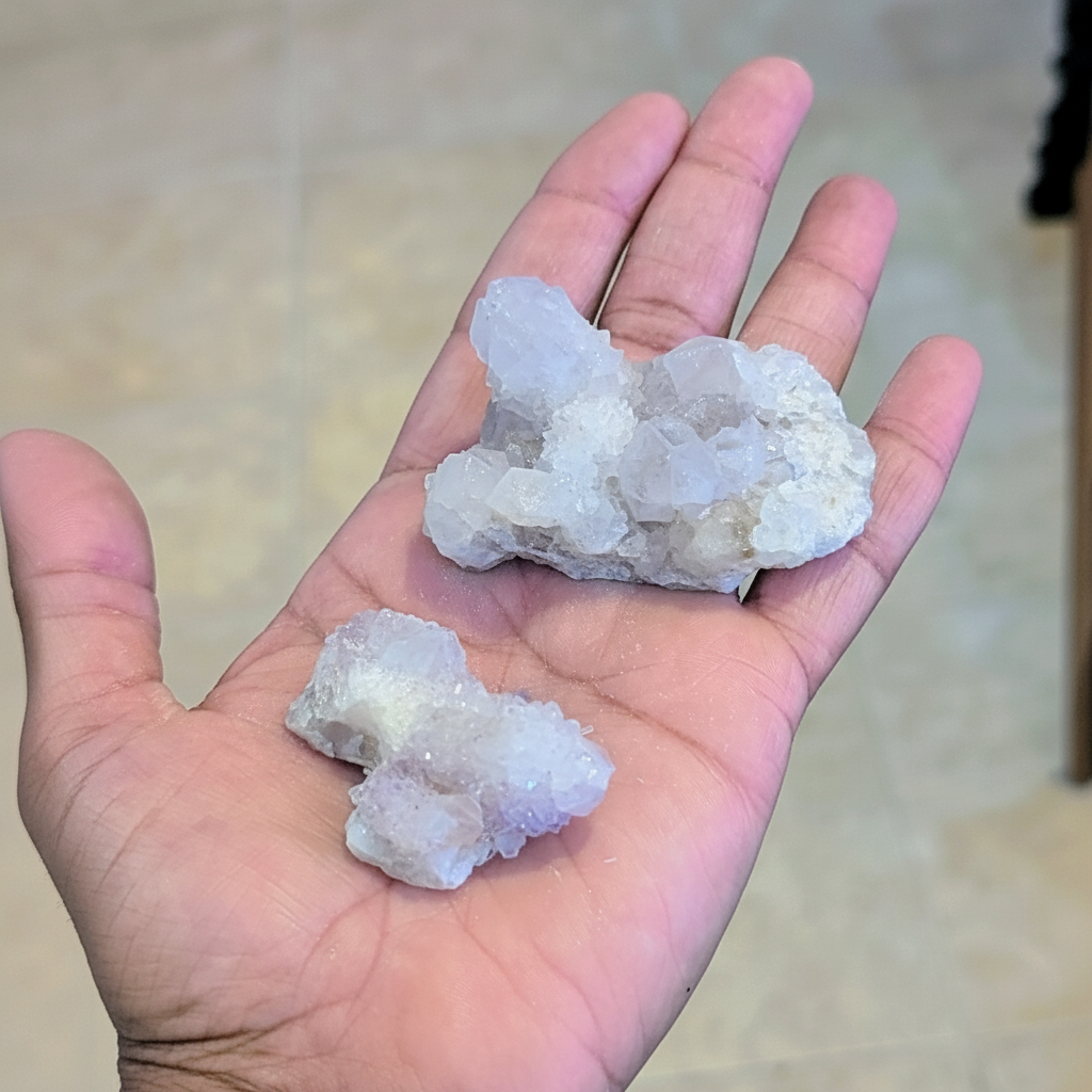 Natural Amethyst Spirit Quartz cluster with sparkling points held in hand to show approximate scale