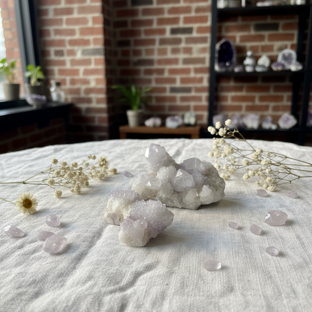 Natural Amethyst Spirit Quartz cluster with sparkling points displayed in a calm styled setting