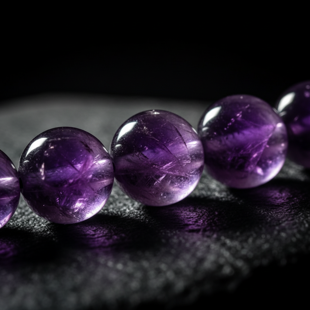 Close-up of Amethyst 8mm bracelet beads showing translucent violet and purple crystal surface with natural inclusions — Prana Blessings