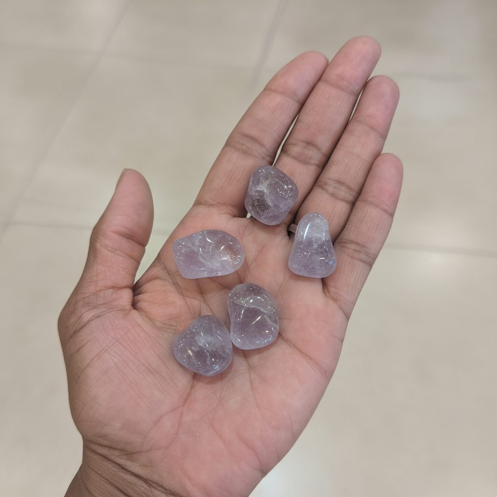 Polished purple amethyst tumbled crystals held in an open hand, showing their size and natural variation.