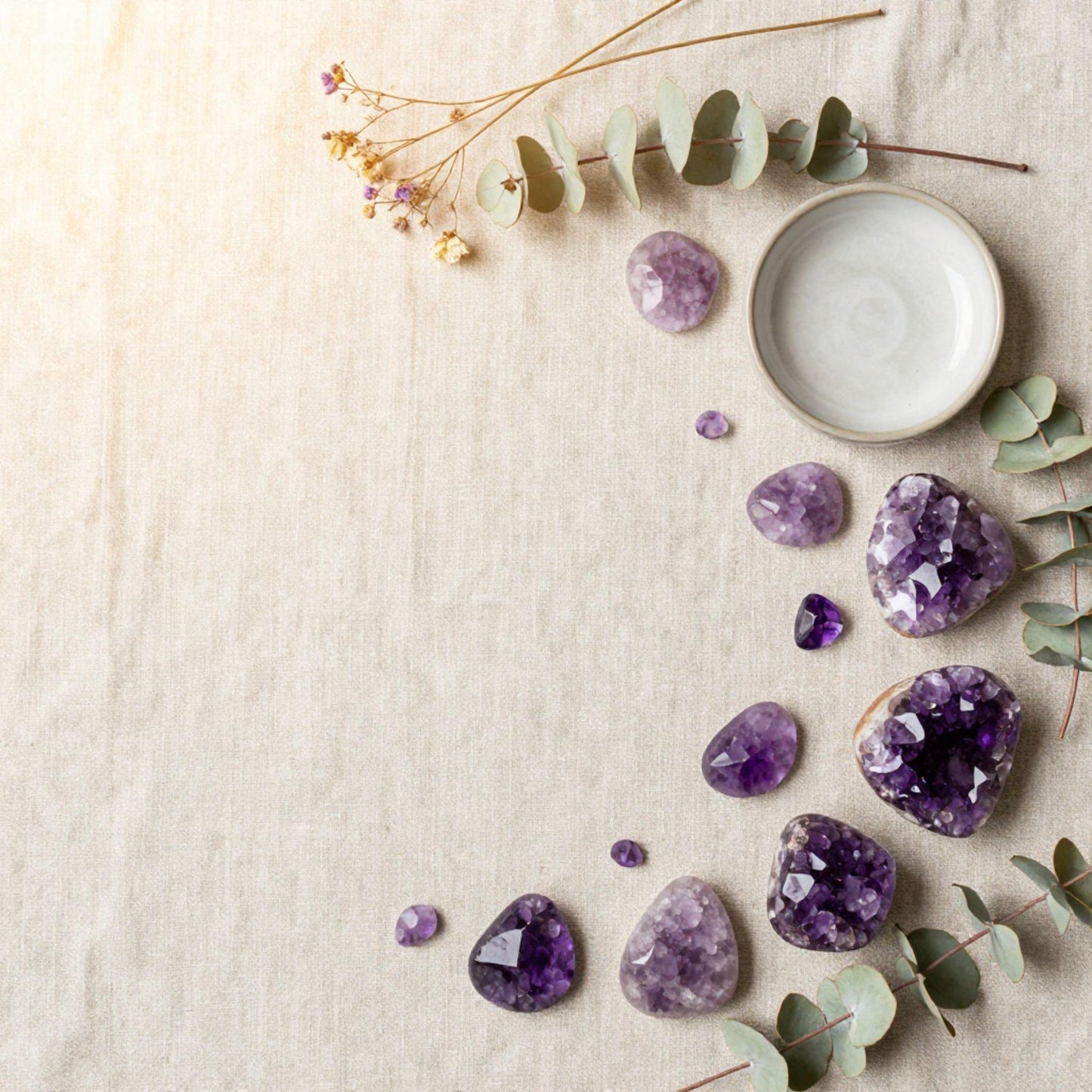 A styled flat-lay of several purple amethyst crystals and geodes arranged along the right side of a beige linen surface, with eucalyptus leaves and a small white dish as props.