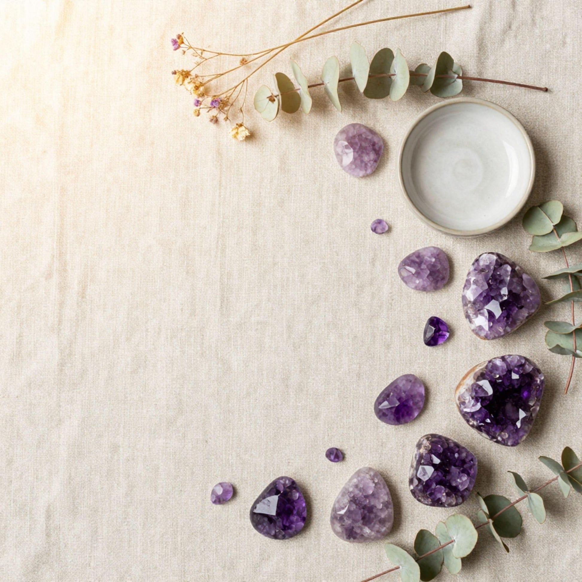 A styled flat-lay of several purple amethyst crystals and geodes arranged along the right side of a beige linen surface, with eucalyptus leaves and a small white dish as props.