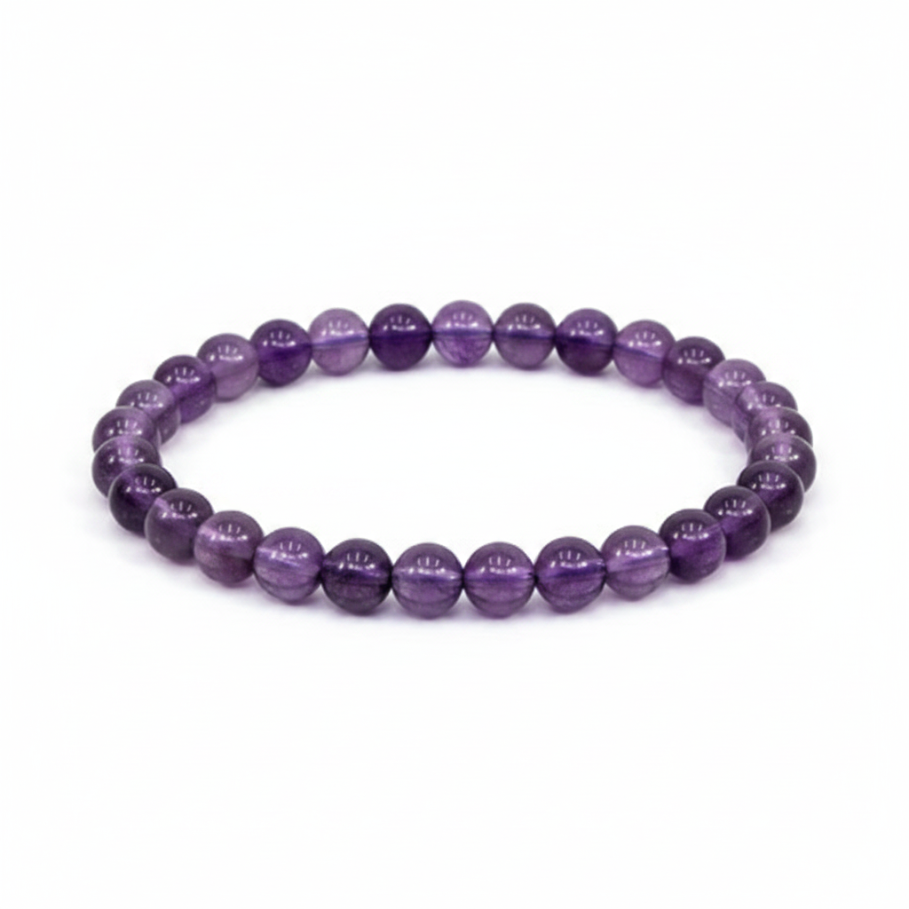 Amethyst 8mm beaded bracelet on white background — translucent violet and purple natural stone crystal bracelet by Prana Blessings