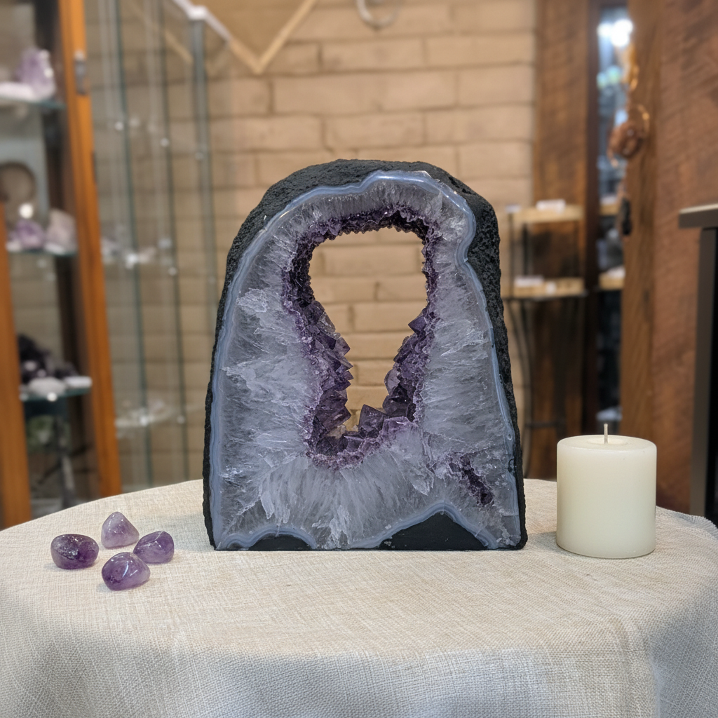 Natural Amethyst Window Cathedral with polished display face displayed in a calm styled setting