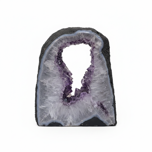 Natural Amethyst Window Cathedral with polished display face on a clean light background