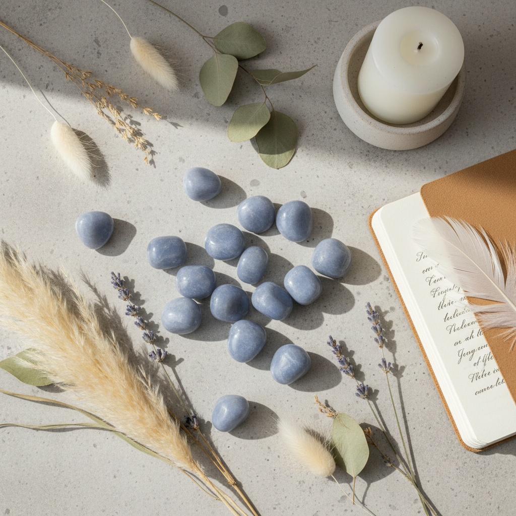 Angelite tumbled stones styled in earthy flat lay for calm and peace