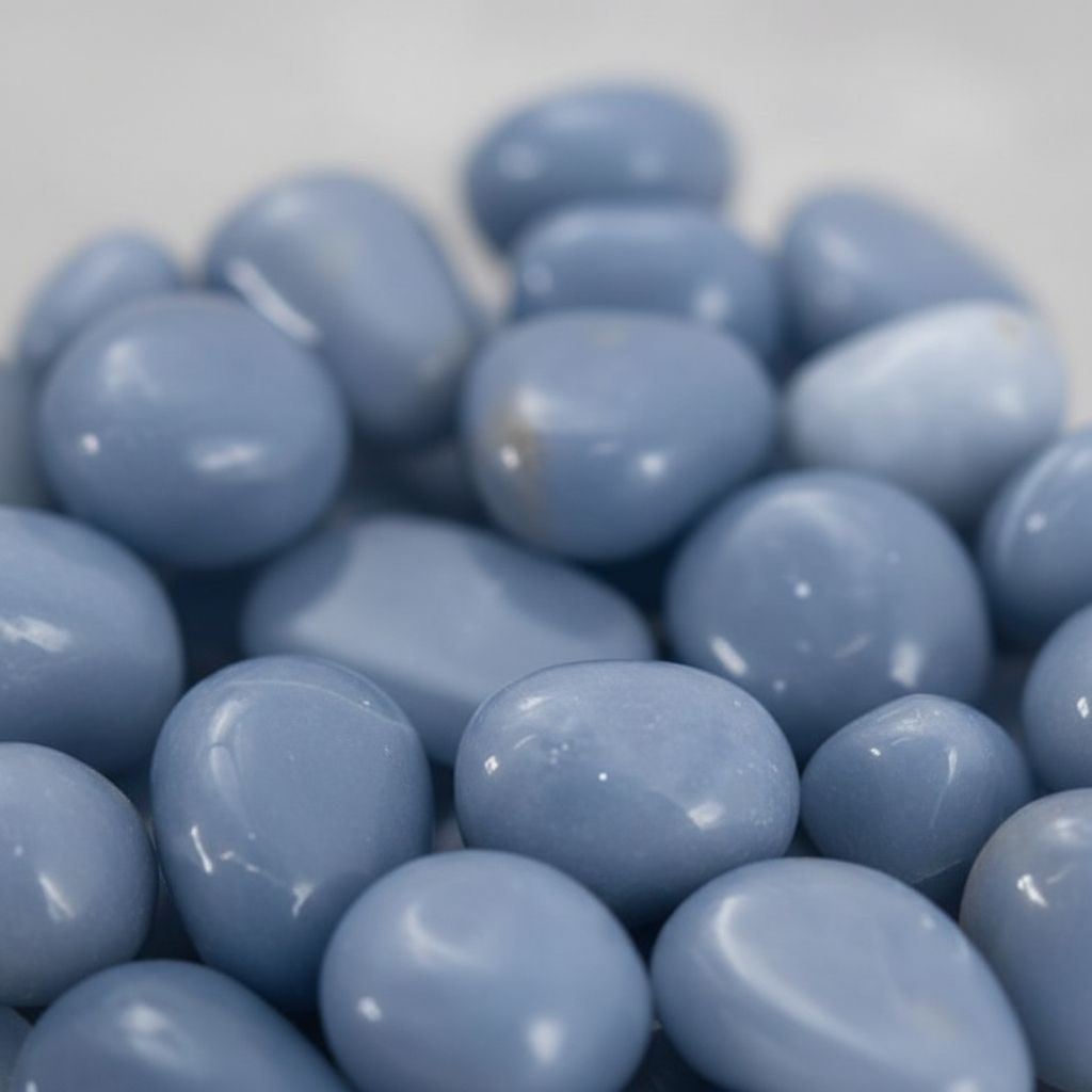 Close-up of angelite tumbled stone showing smooth blue-grey surface