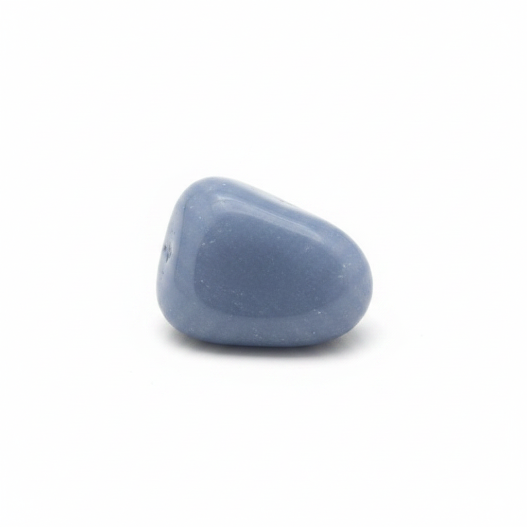 Angelite tumbled stone soft blue-grey color on white background