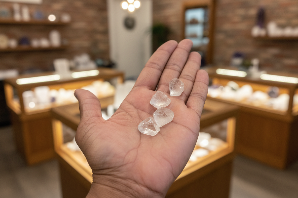 Apophyllite Tips held in hand to show approximate scale