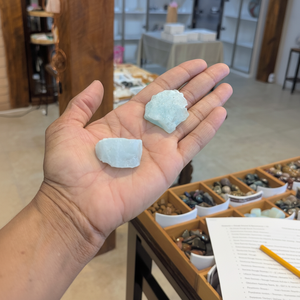 Aquamarine Chunks natural crystal held in hand to show approximate scale