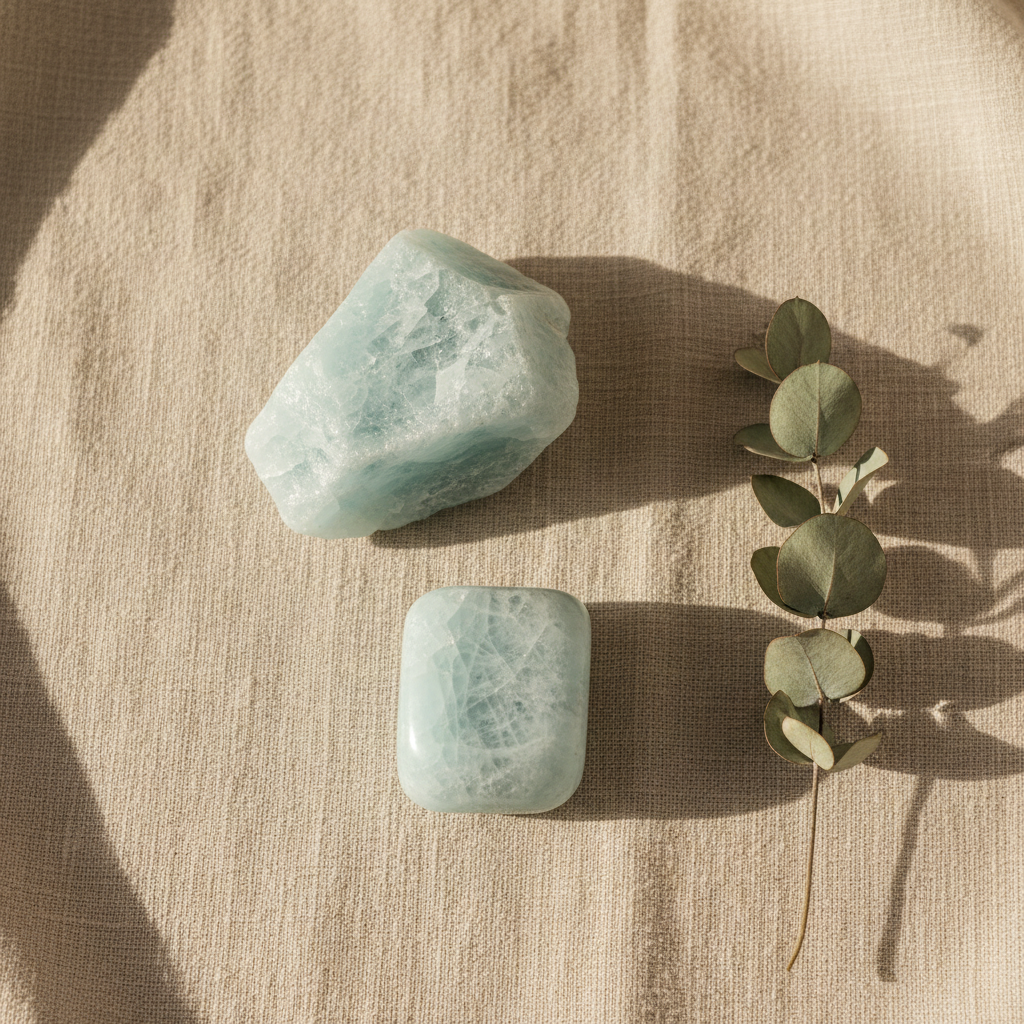 Aquamarine Chunks natural crystal displayed in a calm styled setting