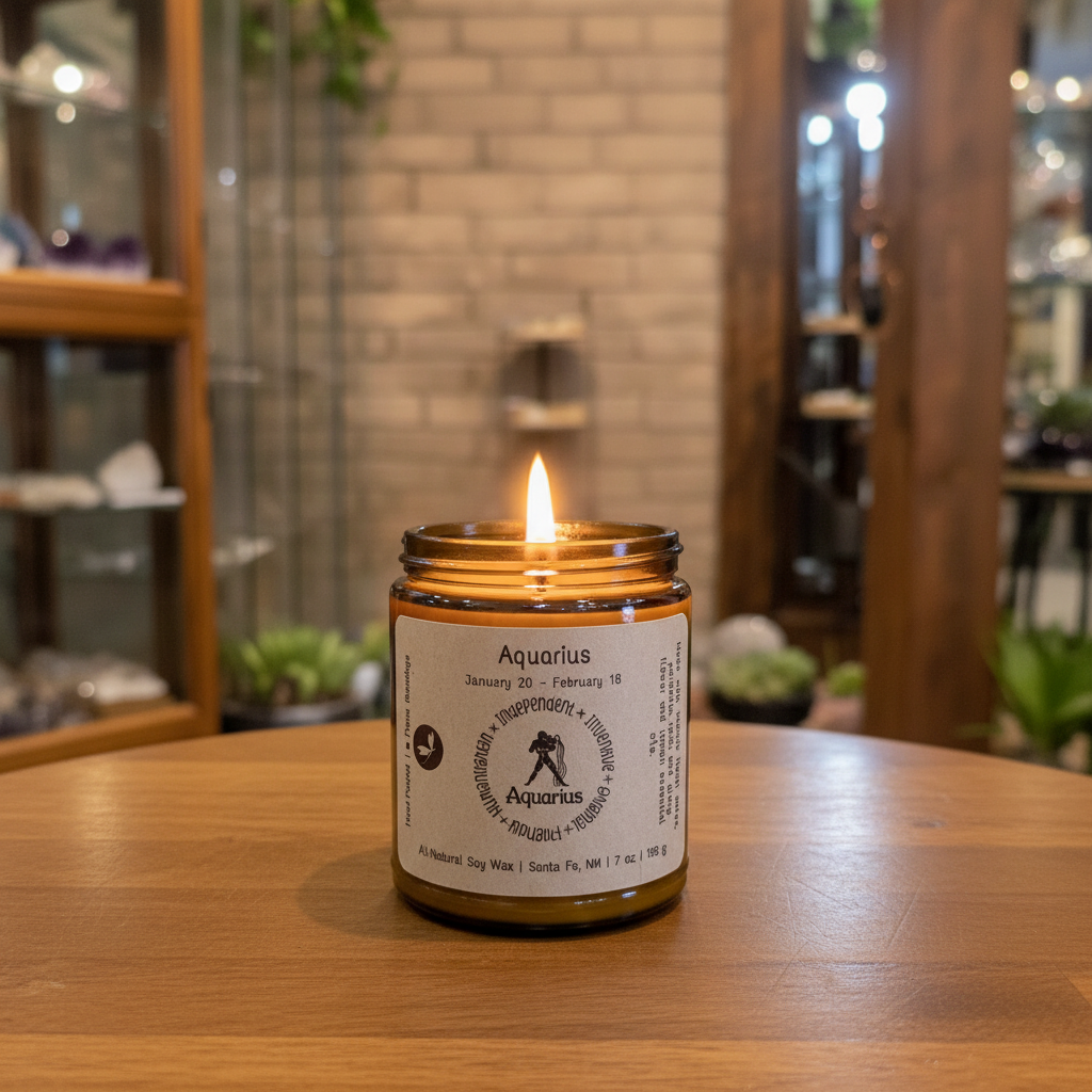 Lit Aquarius Zodiac Candle styled in a warm lifestyle setting