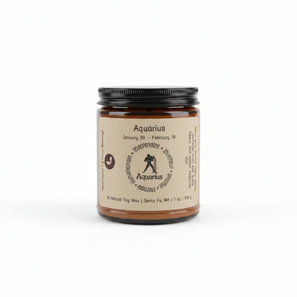 Aquarius Zodiac Candle in an amber 8 oz jar on a white background