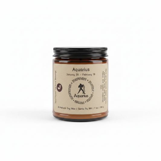 Aquarius Zodiac Candle in an amber 8 oz jar on a white background
