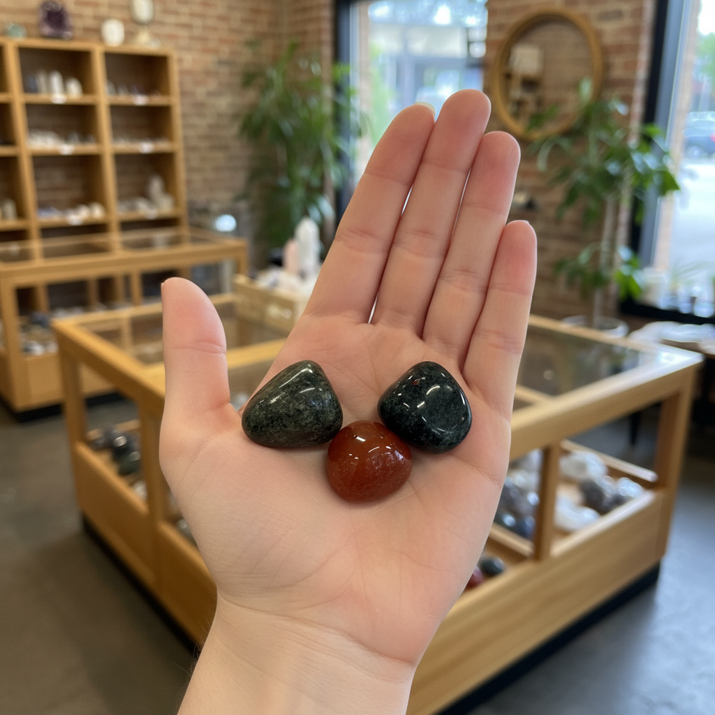 Aries Zodiac Set held in hand to show the three natural stones and their scale.