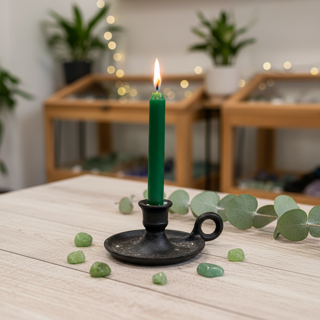 Army green 4-inch ritual chime candle displayed in a black cast iron holder