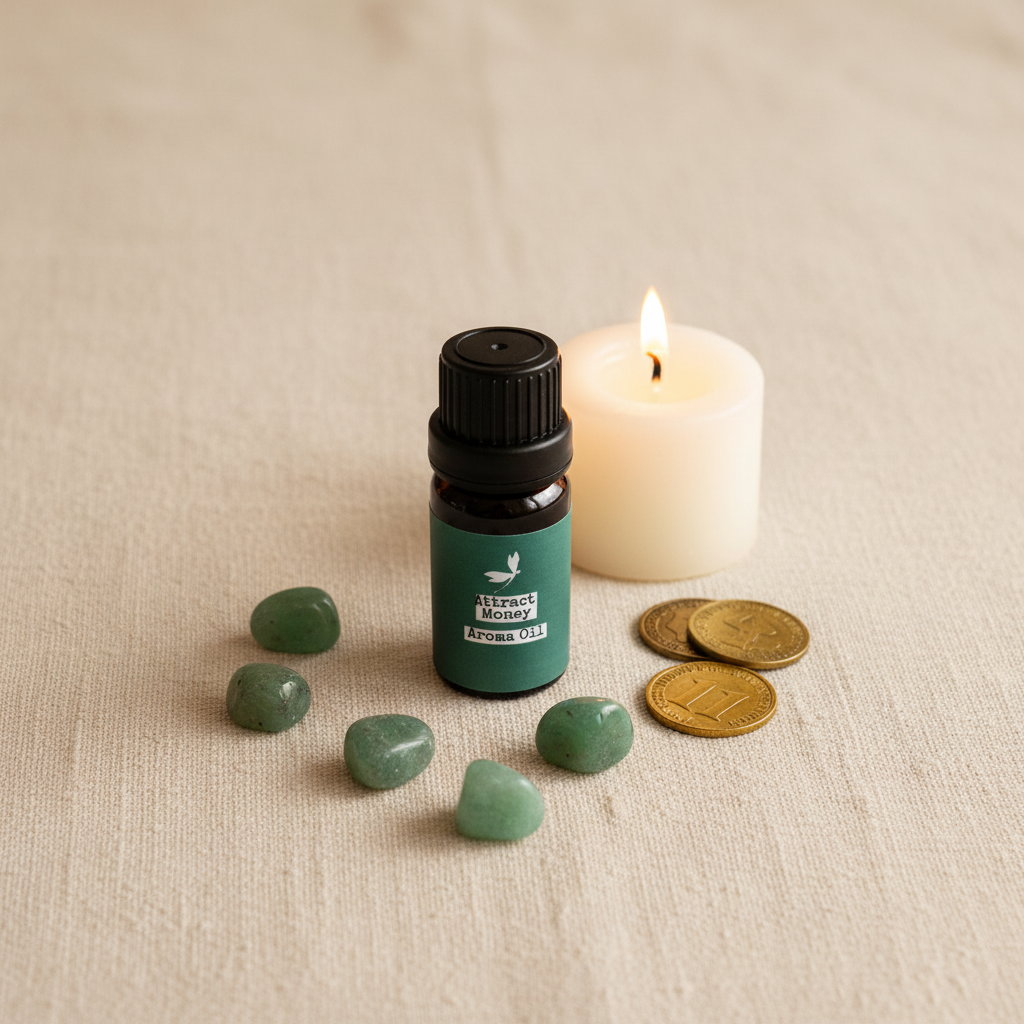 Overhead flat-lay view of Prana Blessings Attract Money Aroma Oil 10 mL bottle