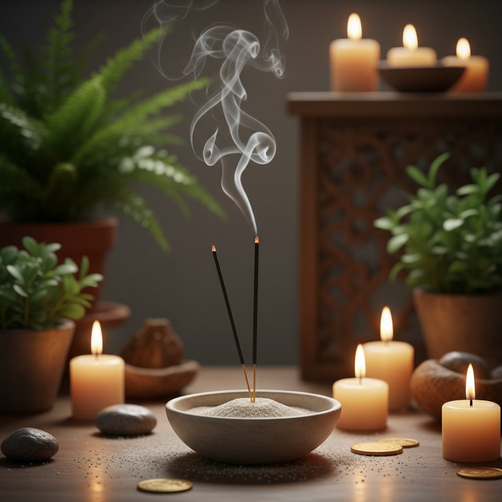 Attract Money incense burning beside abundance ritual items