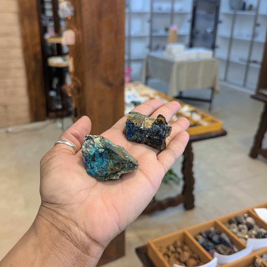 Azurite Malachite natural crystal held in hand to show approximate scale