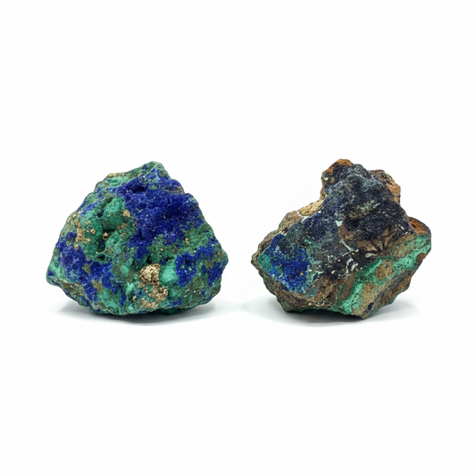 Azurite Malachite natural crystal shown on a clean light background