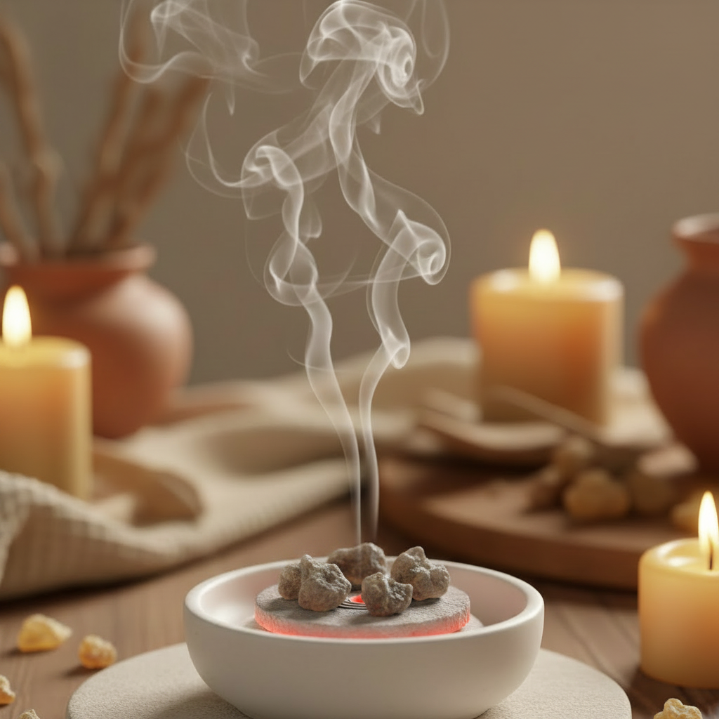 Benzoin resin arranged for incense ritual use