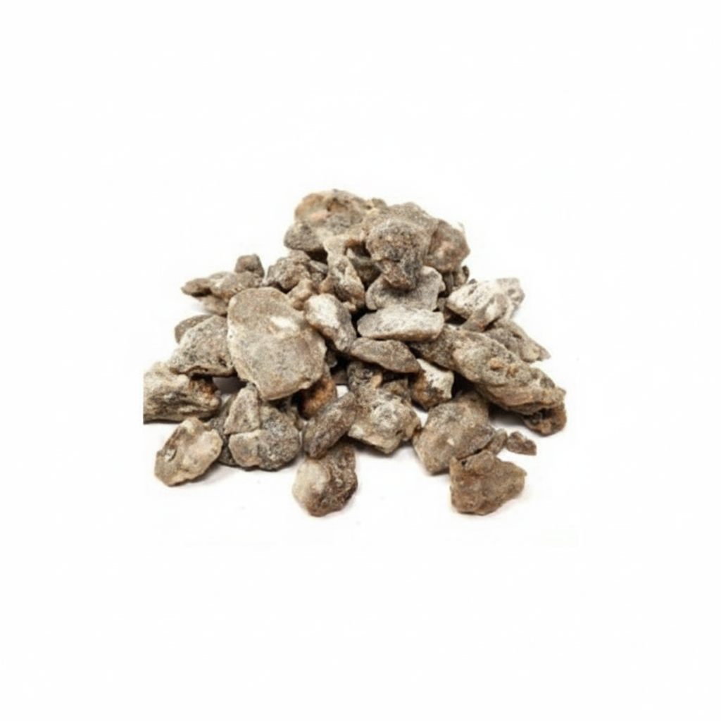 Natural Benzoin resin pieces on a white background
