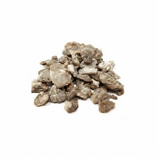 Natural Benzoin resin pieces on a white background