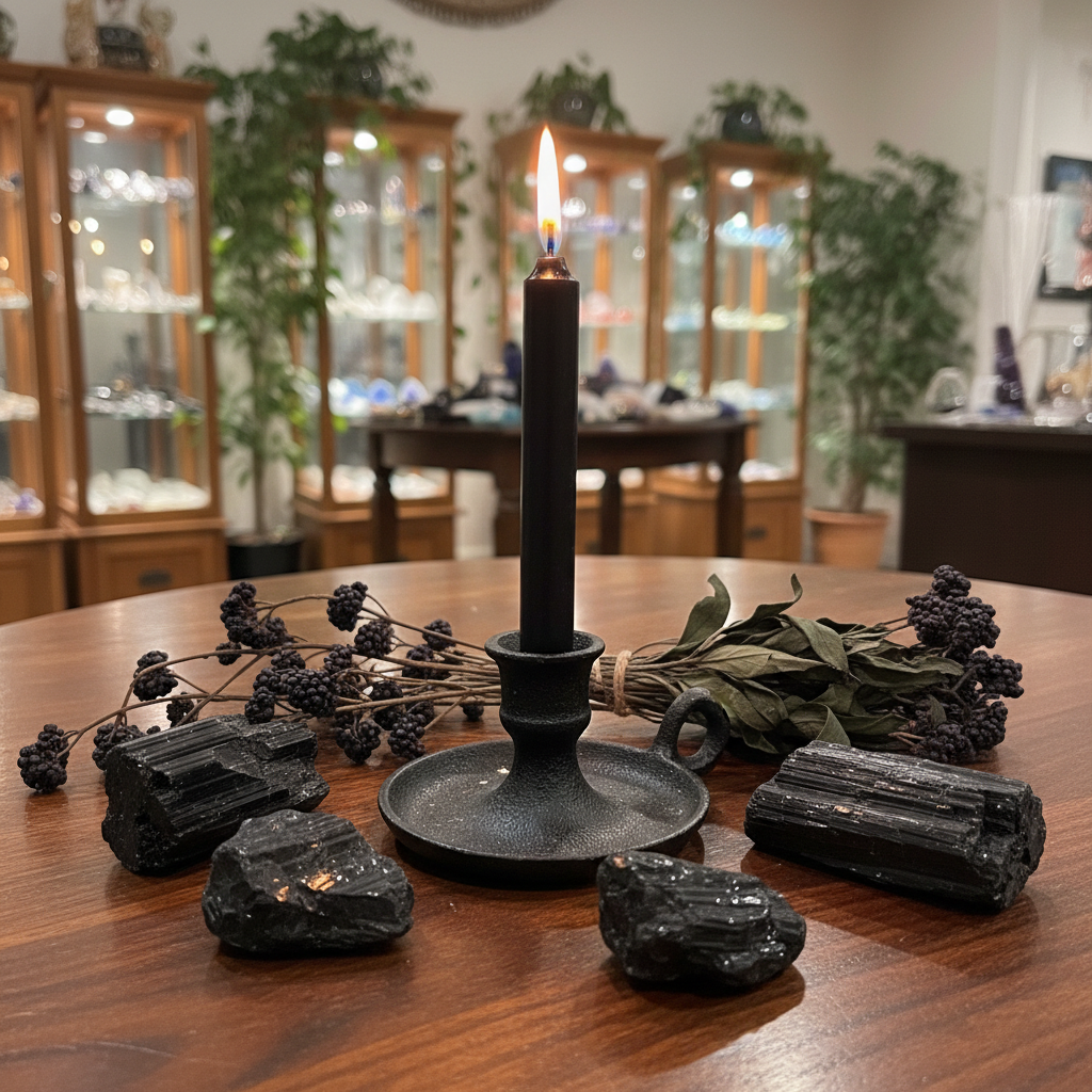 Black 4-inch ritual chime candle displayed in a black cast iron holder