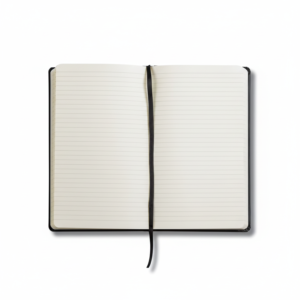 Black hardcover journal open to its ruled cream pages