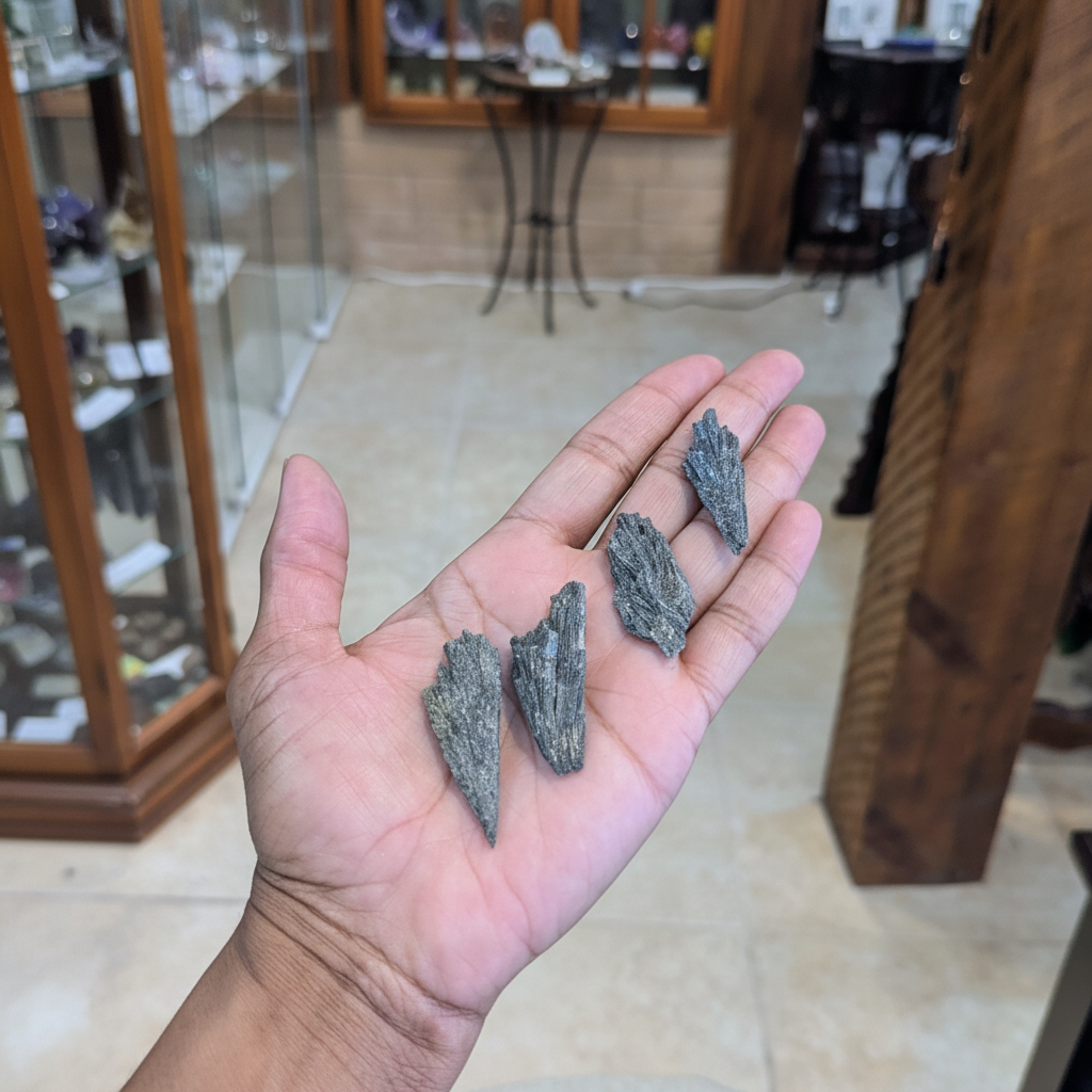 Black Kyanite natural crystal held in hand to show approximate scale