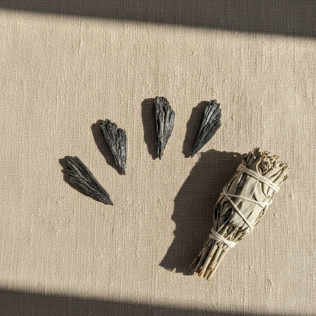 Black Kyanite natural crystal displayed in a calm styled setting