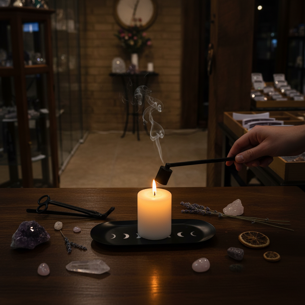 Black candle snuffer, wick trimmer, and wick dipper arranged on moon phase tray
