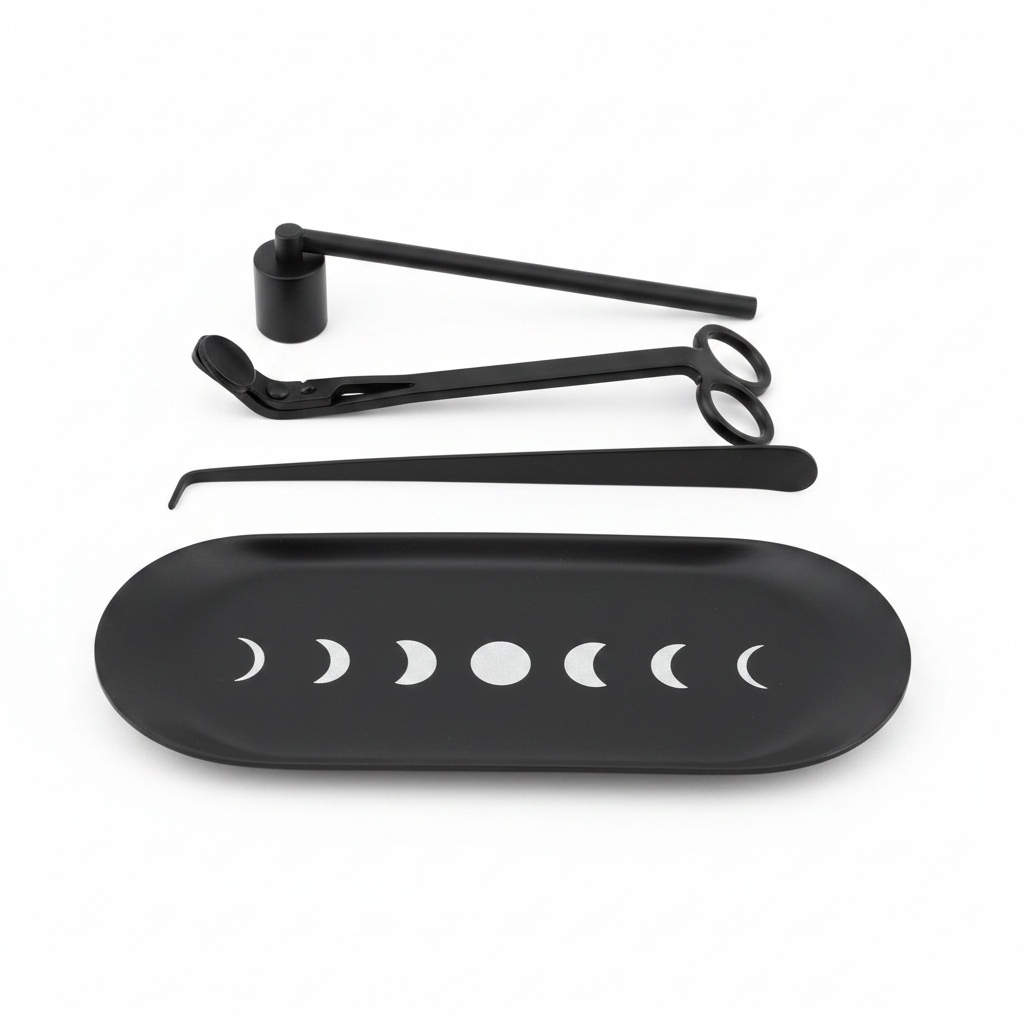 Four-piece black moon phase candle care tool set with tray