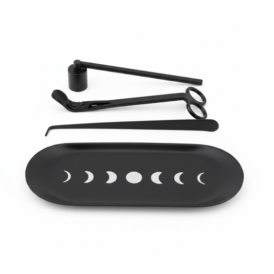 Four-piece black moon phase candle care tool set with tray