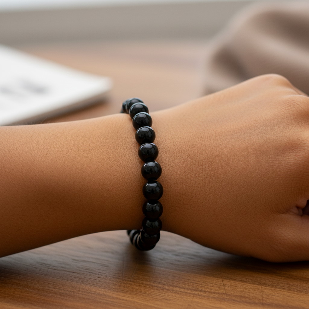 Large Black Obsidian 8.5-inch bracelet worn on wrist in a grounded lifestyle setting — Prana Blessings crystal jewelry