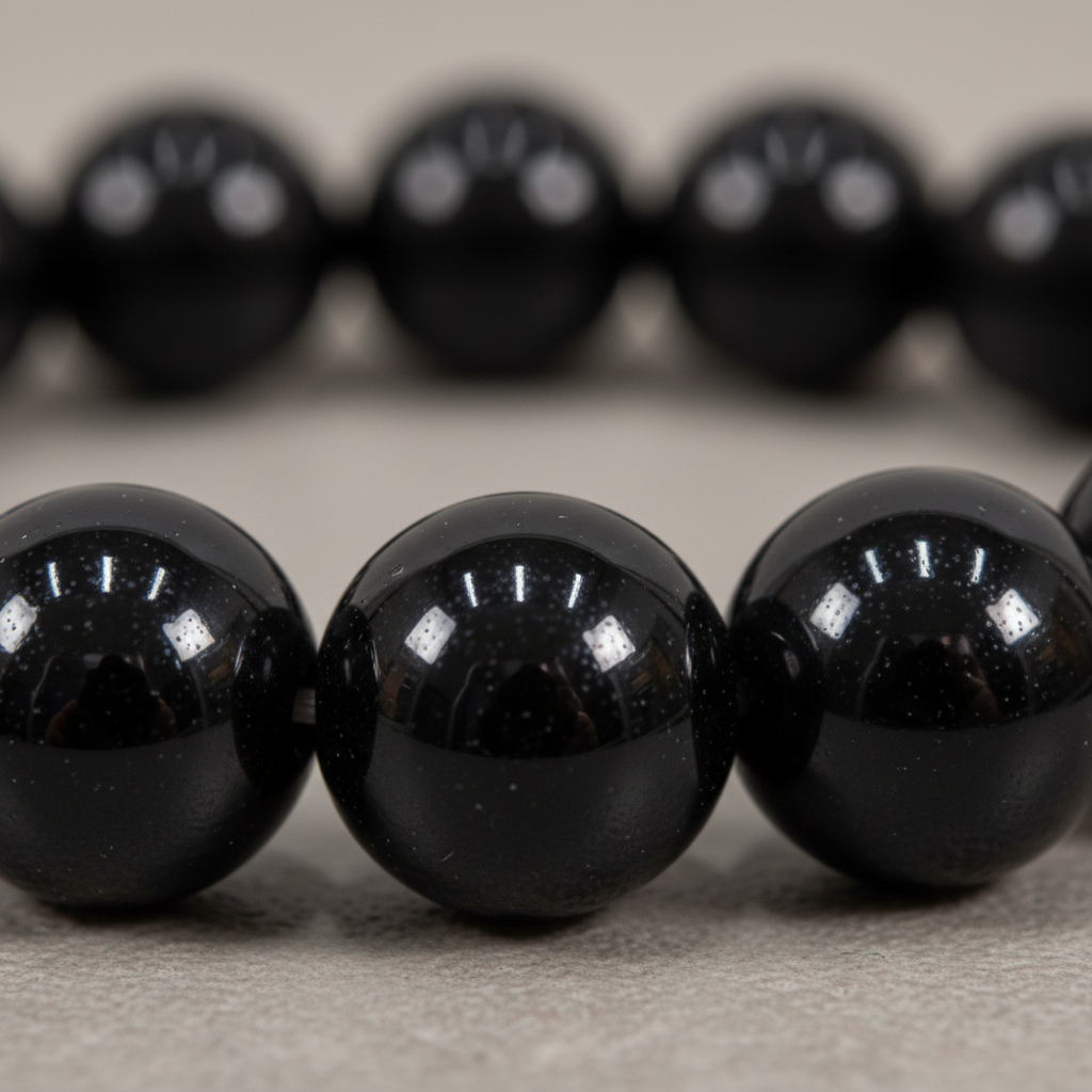 Close-up of large Black Obsidian bracelet beads showing glossy jet black volcanic glass and reflective sheen — Prana Blessings
