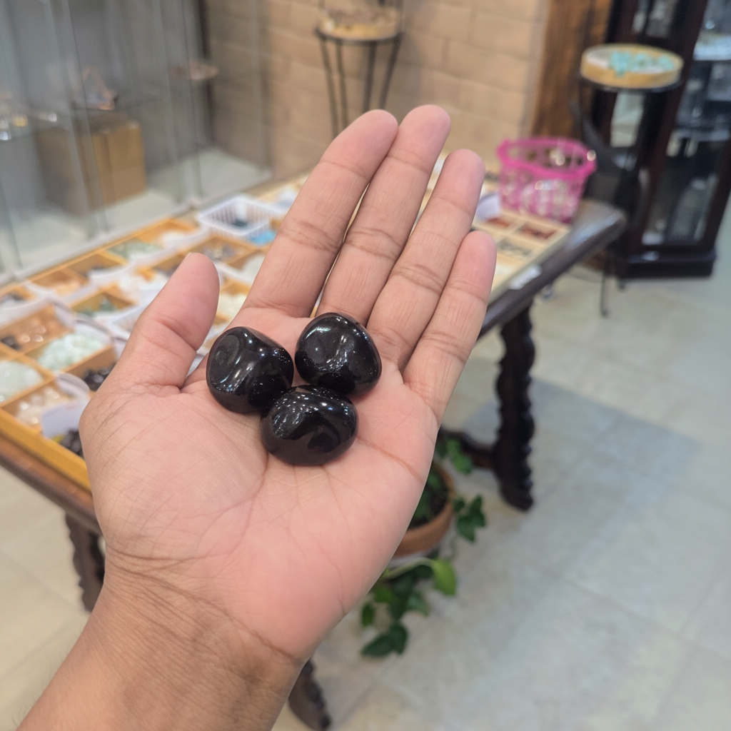 Polished black obsidian tumbled stones held in an open hand, showing their size and natural variation.