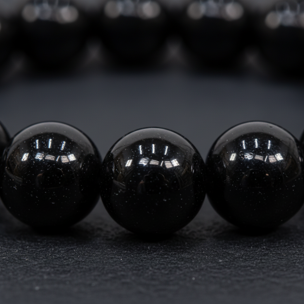 Close-up of Black Obsidian 8mm bracelet beads showing glossy jet black volcanic glass surface with deep reflective sheen — Prana Blessings