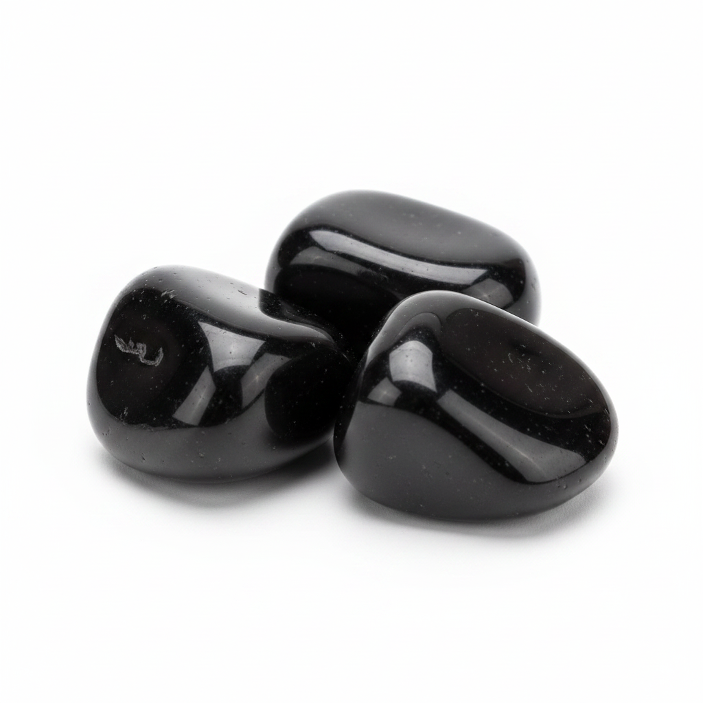 Polished black obsidian tumbled stones arranged on a clean white background.