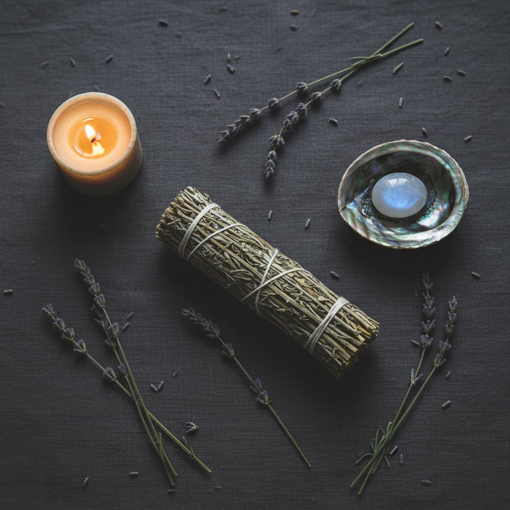 Black Sage bundle styled with abalone shell and crystal for dreamwork ritual