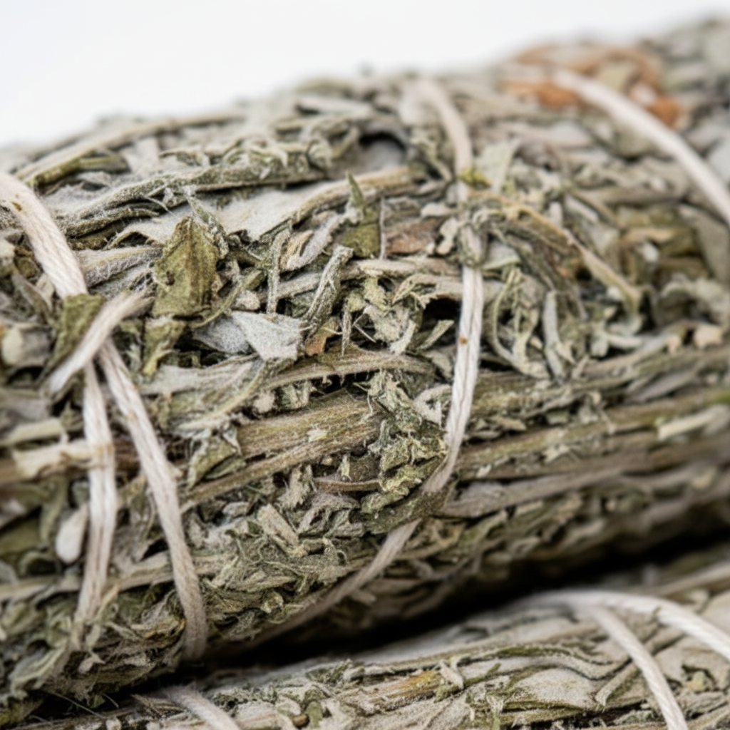 Close-up of Black Sage mugwort bundle showing dried herb texture and string