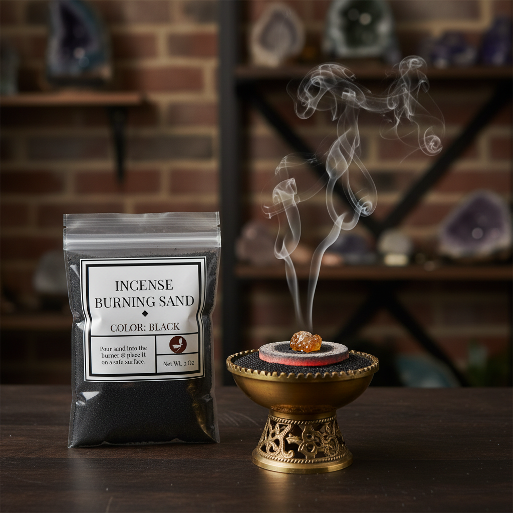 Black sand displayed beside incense-burning accessories