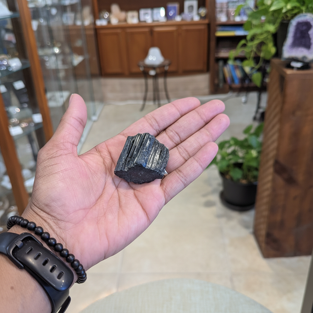 AA Grade Rough Black Tourmaline natural crystal held in hand to show approximate scale