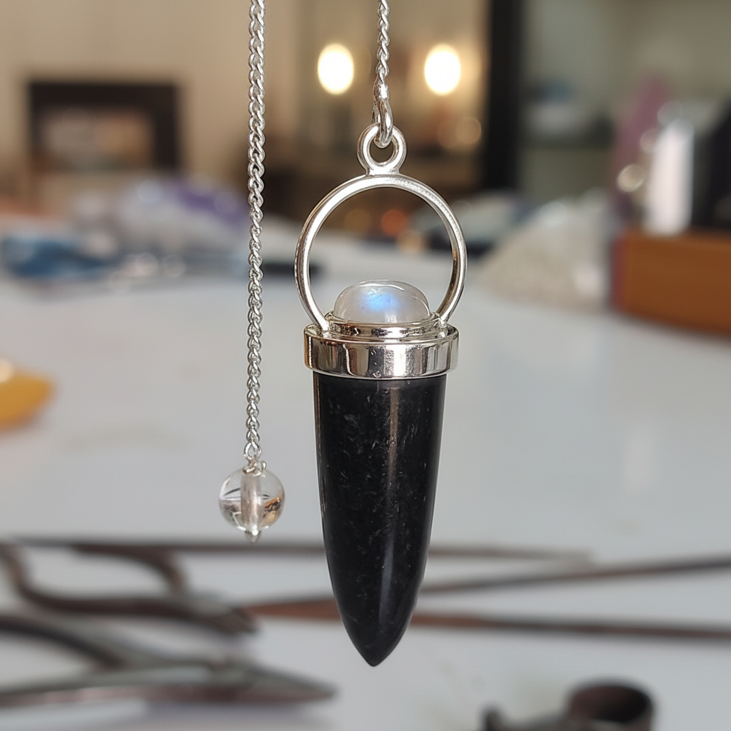 Black Tourmaline and Moonstone pendulum displayed for grounded energy work