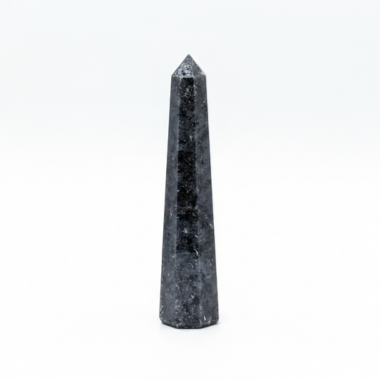 Polished Black Tourmaline obelisk, approximately 3 to 4 inches tall, on a white background