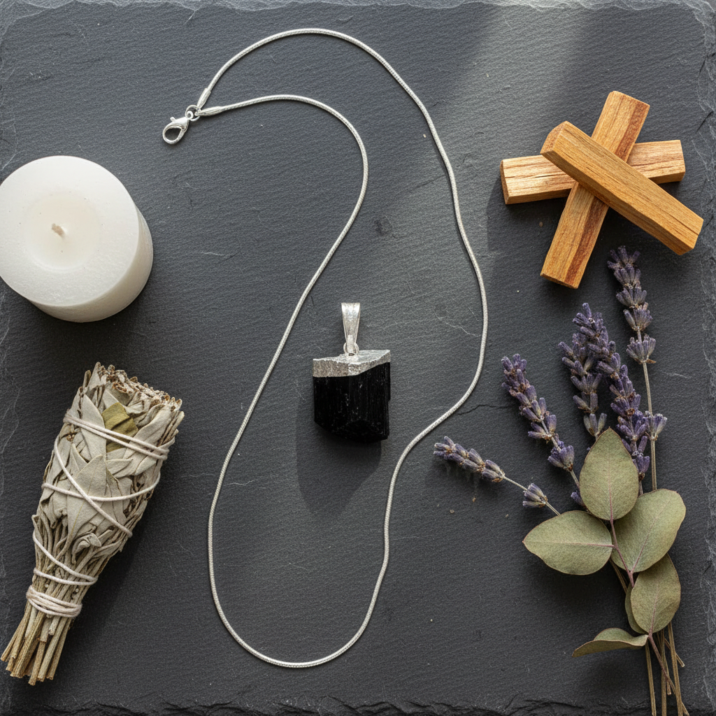 Black Tourmaline rough pendant displayed with its chain in a styled setting