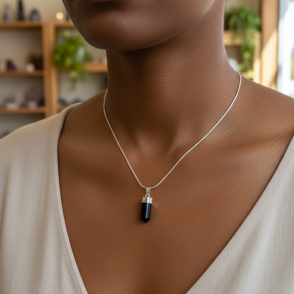 Polished Black Tourmaline pendant displayed in a styled setting