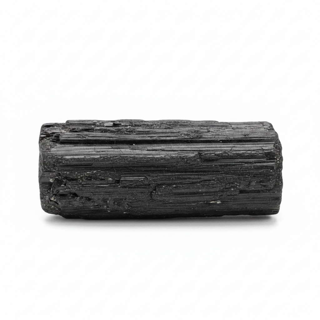 Black Tourmaline Rods natural crystal shown horizontally on a clean light background