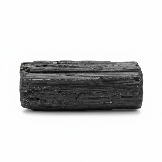 Black Tourmaline Rods natural crystal shown horizontally on a clean light background